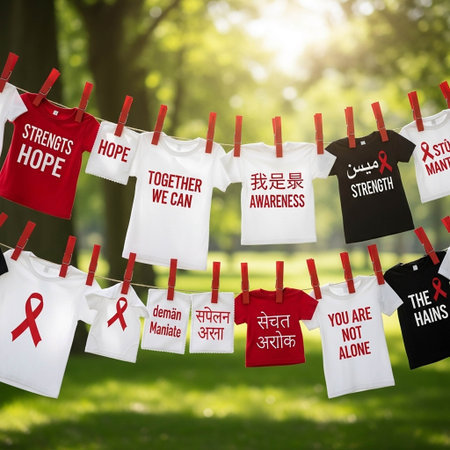 World Aids Day concept. Red and white clothes on clothesline.の写真素材