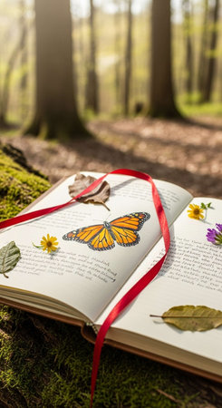 Open book with butterfly and flowers on the moss in the forest.の写真素材