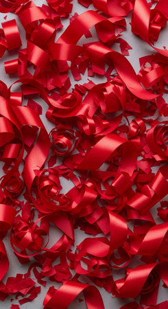 Red ribbon on white background. Top view, flat lay, copy space