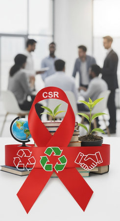 World Environment Day concept with red ribbon and globe on table in officeの写真素材