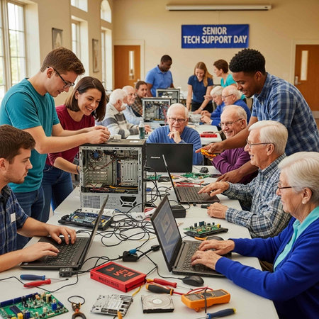 Teacher Helping Senior Students With Computer Education In College Classroom