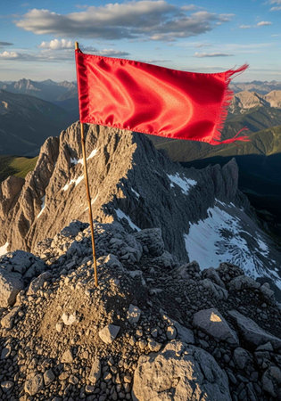 Red flag on the top of a mountainの写真素材