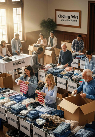 People are sorting and organizing clothes at a clothing drive event.の写真素材