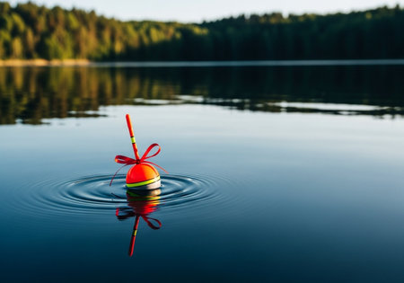 Fishing float on the water with a red ribbon on it.の写真素材