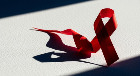 Red ribbon on white background with shadow. World Aids Day concept.の写真素材