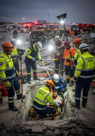 Firefighters and rescuers in action during training.の写真素材