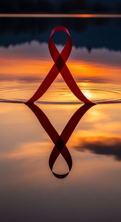 Aids Awareness Ribbon on Water with Reflection and Sunset Background.の写真素材
