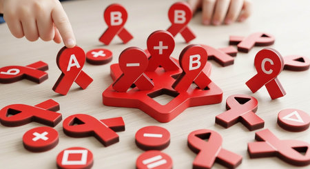 Close up of human hands making red alphabets at tableの写真素材