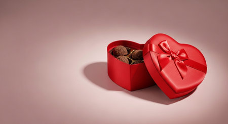 Heart shaped box of chocolates with a red bow on a pink background