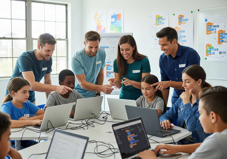 education, technology and people concept - group of smiling students with teacher in computer classの写真素材