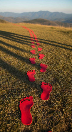 Trail of red shoes on the green grass in the morning.の写真素材