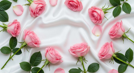 Frame of pink roses on white fabric background. Flat lay, top viewの写真素材