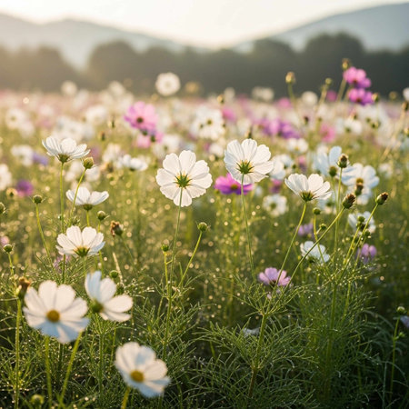 Cosmos flowers blooming in the meadow at sunset time.の写真素材