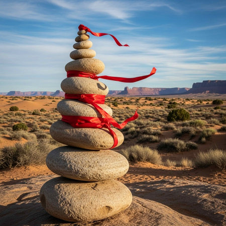 Pile of zen stones with red ribbon in Utah, USAの写真素材