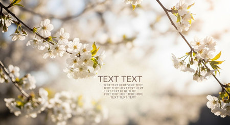 Blossoming branch of cherry on a spring day. Copyspace.