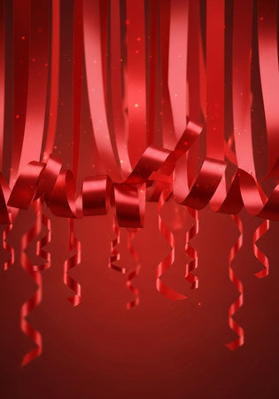 Red ribbons on a red background. Festive background. 3d renderingの写真素材