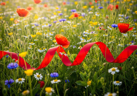 Field of poppies and daisies with a red ribbonの写真素材