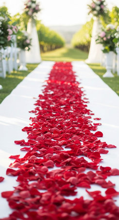 Wedding arch decorated with red rose petals. Wedding ceremonyの写真素材
