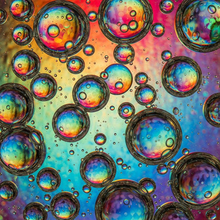 Colorful abstract background of oil bubbles in water. Macro shot.