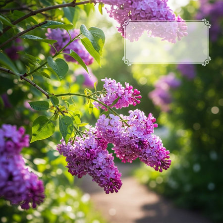 Blooming lilac in the garden with space for your text.の写真素材