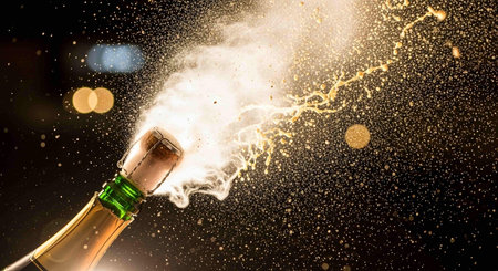 Champagne explosion, close up of champagne bottle with splashes.の写真素材