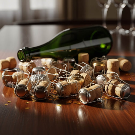 Bottle of champagne with cork on a wooden table, close upの写真素材