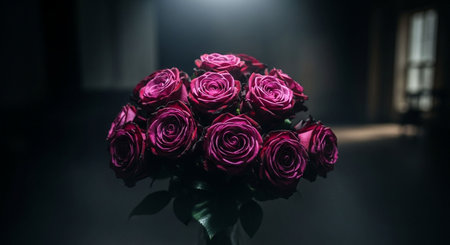Bouquet of purple roses in a vase on a dark backgroundの写真素材