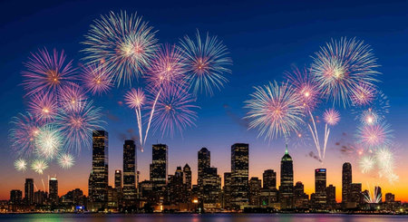New York City Manhattan skyline panorama with fireworks over Hudson River at nightの写真素材