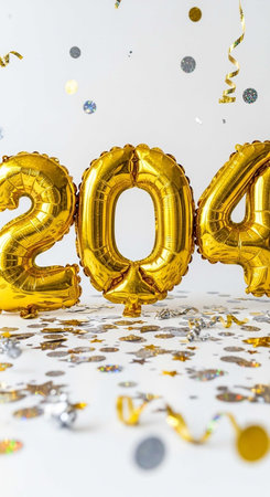 Number 200 gold foil balloon on a white background with confetti. Birthday or New Year celebration.