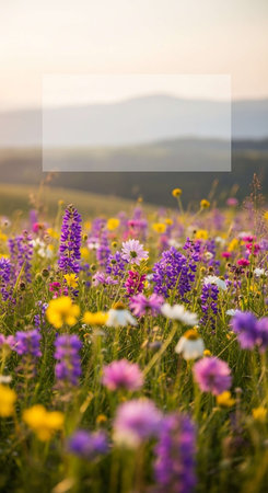 Beautiful summer landscape with wild flowers on meadow and copy spaceの写真素材
