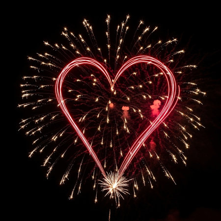 heart shape from fireworks on the black sky background, symbol of loveの写真素材