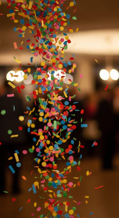 colorful confetti flying in the air at a party, blurred backgroundの写真素材