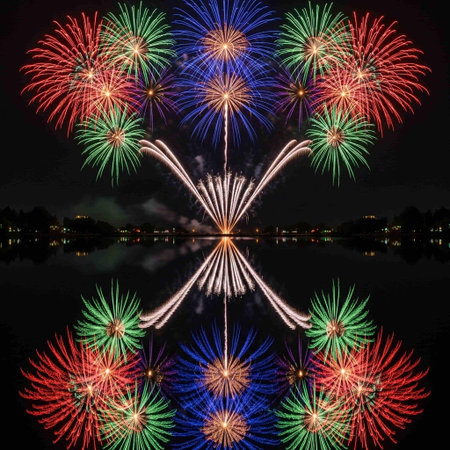 Colorful fireworks on the black sky background with reflection in the waterの写真素材