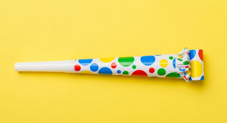 Party popper on yellow background. Flat lay, top view.の写真素材