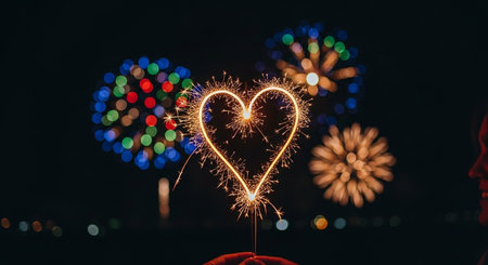 Heart shape made of sparklers on a background of colorful fireworks.の写真素材