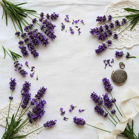Lavender flowers on white linen background. Flat lay, top viewの写真素材
