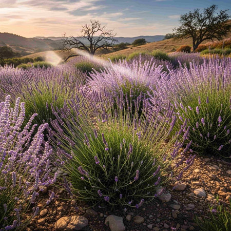 Lavender field at sunset.の写真素材
