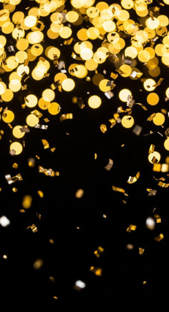 Golden confetti on a black background. Gold bokeh.の写真素材