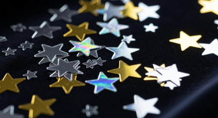 Silver and gold stars confetti on a black background close-up