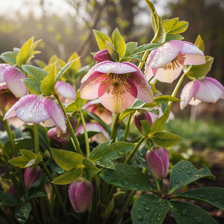 Flowering hellebore (Helleborus purpurascens).の写真素材