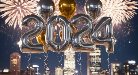 New year celebration background with golden and silver balloons, fireworks and fireworks