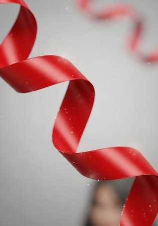 Curly red ribbon on a gray background with bokeh effectの写真素材