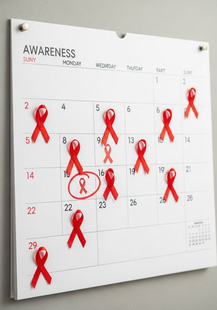 Red AIDS Awareness Ribbon on White Wall Calendar - HIV Awareness Month Campaignの写真素材