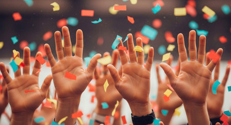 Close up of hands of a group of people raising their hands with confettiの写真素材