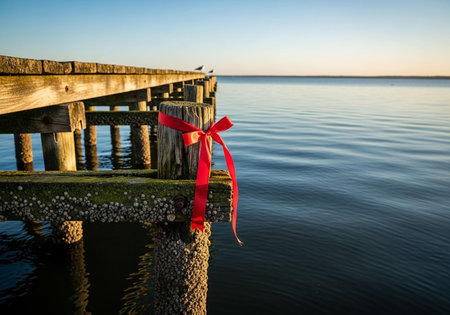 A red ribbon tied to a wooden jetty in the Baltic Sea.の写真素材