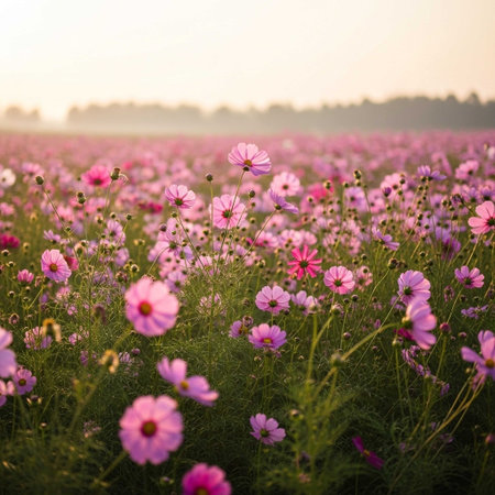 Cosmos flowers blooming in the field at sunset. Natural floral background.の写真素材