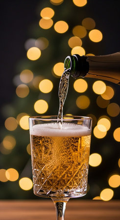 Pouring champagne into glass against blurred christmas tree lights on backgroundの写真素材