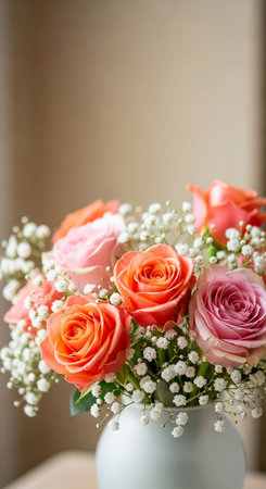 Bouquet of pink roses in vase on the table.