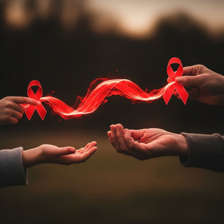 World Aids Day concept. Red ribbon on blurred background. Copy space.の写真素材