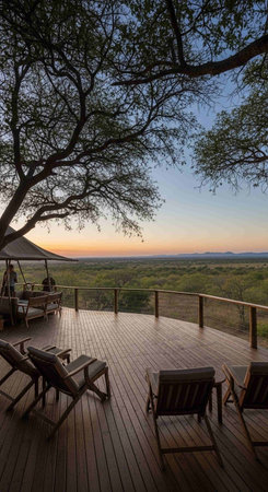 Wooden terrace with a view of the mountains in the background